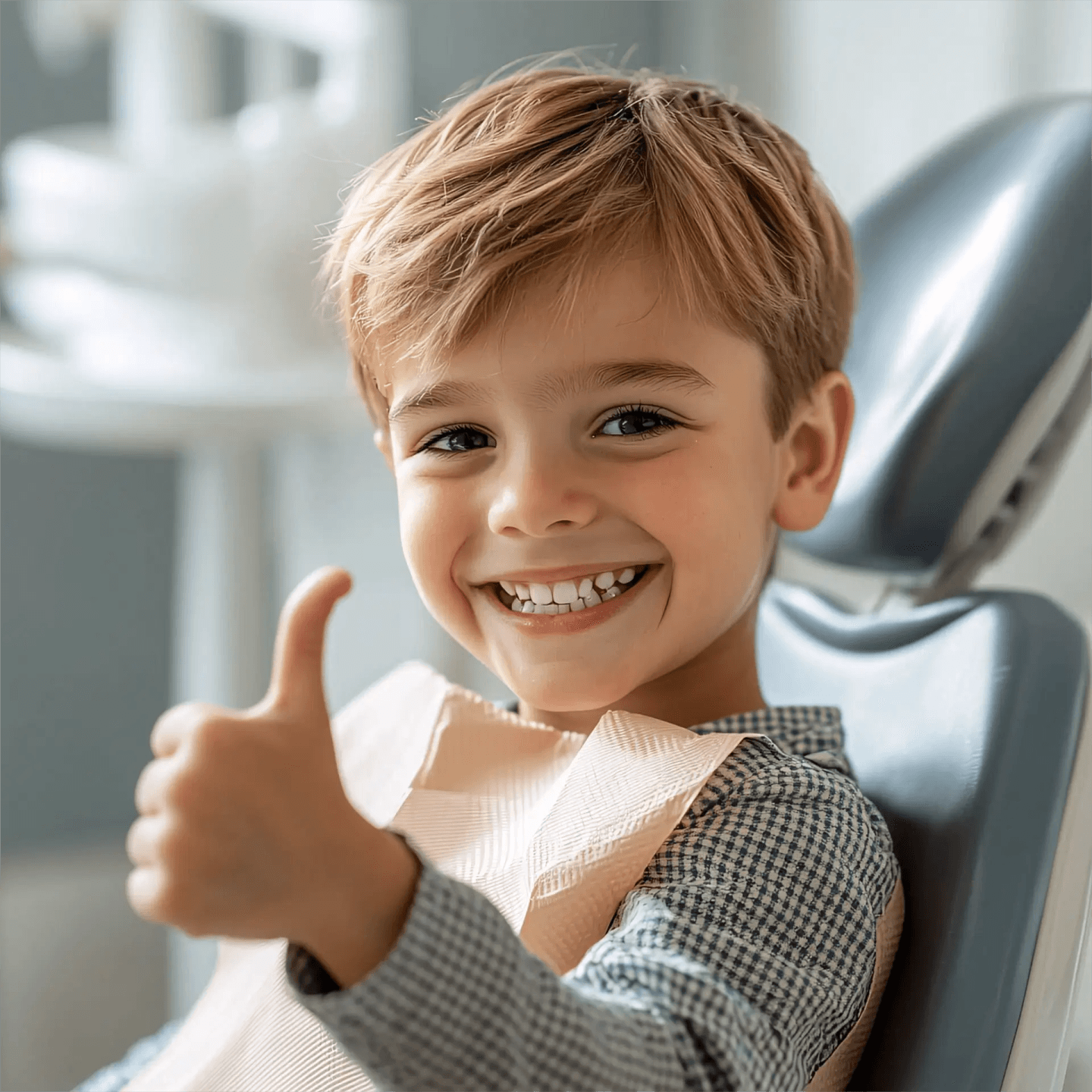 Un niño sonriente con una camisa a cuadros se sienta en una silla, haciendo un gesto de aprobación.