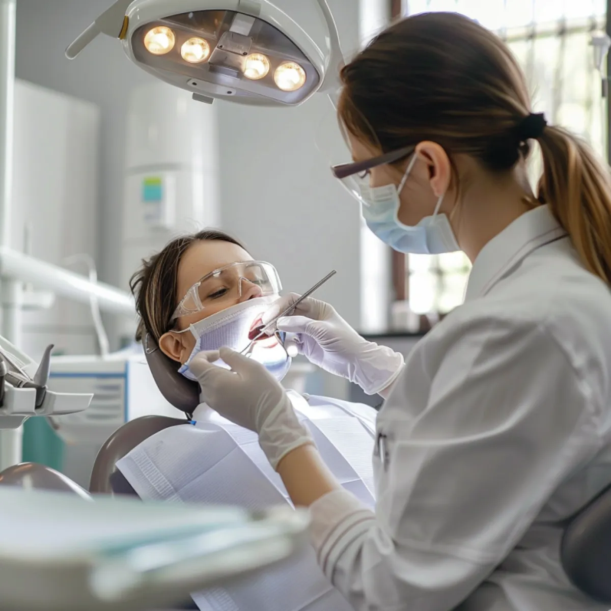 Un dentista con guantes realiza un chequeo dental a un paciente sentado en una silla de examen bajo luces brillantes en el techo.