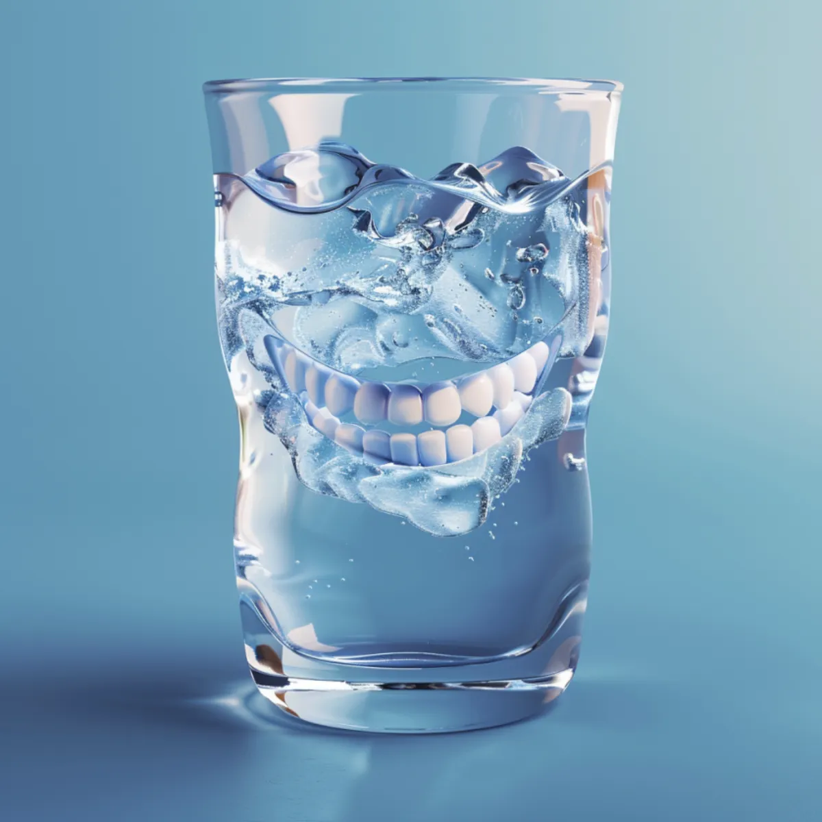 Un vaso de agua transparente con una boca sonriente de dibujos animados visible dentro del agua, rodeada de burbujas y salpicaduras.
